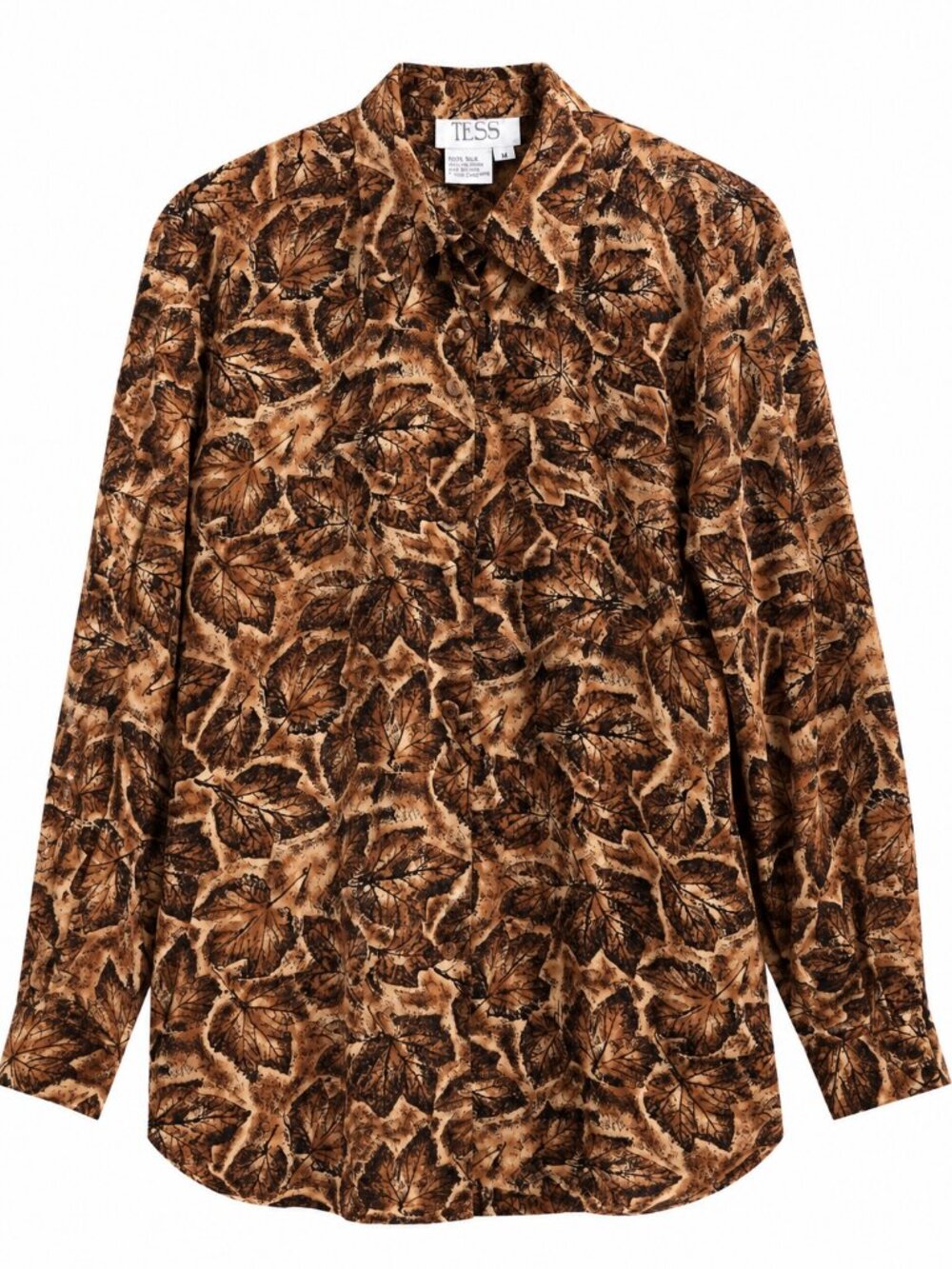 Vintage TESS 100% Silk Blouse Women’s Medium Brown Leaf Print Button Up